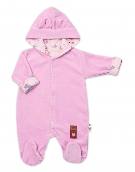 Semiškový, velurový overal s kapucí Baby Nellys Bunny II., růžový, vel. 74, Velikost: 74 (6-9m)