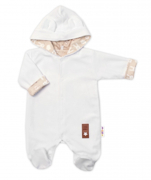 Semiškový, velurový overal s kapucí Baby Nellys New Bunny, bílý, vel. 80