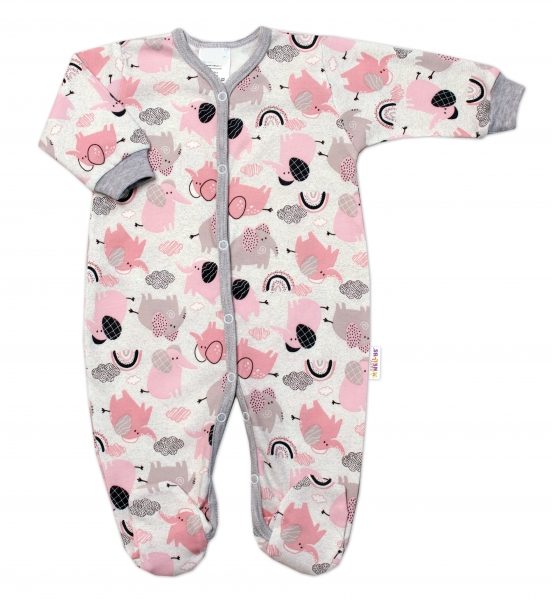 Baby Nellys Kojenecký bavlněný overálek, zapínání uprostřed, Sloníci, šedý lem, vel. 68