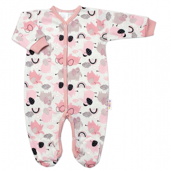 Baby Nellys Kojenecký bavlněný overálek, zapínání uprostřed, Sloníci, růžový lem, vel. 68