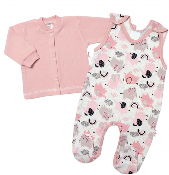Baby Nellys 2-dílná sada, bavlněné dupačky s košilkou Sloníci, růžová, Velikost: 56 (1-2m)