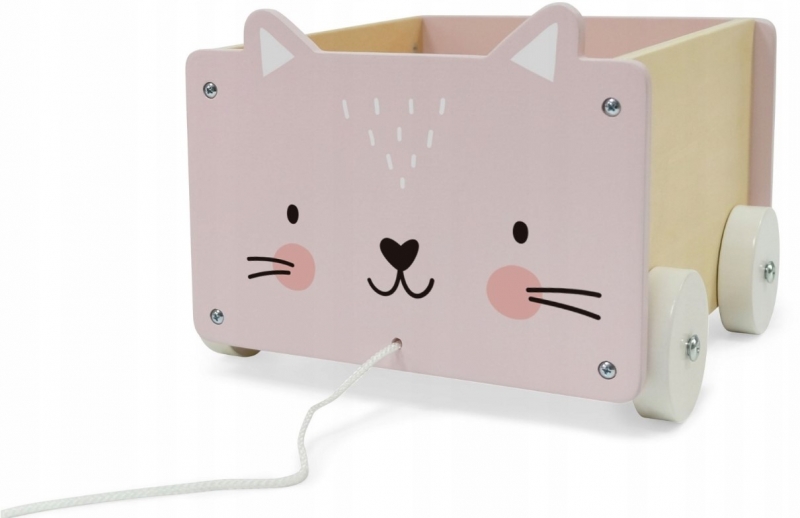 Eco Toys Dřevěný kočárek na hračky se šňůrkou, Kočička, růžový