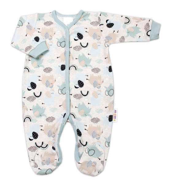 Baby Nellys Kojenecký bavlněný overálek, zapínání uprostřed, Sloníci, modrý
