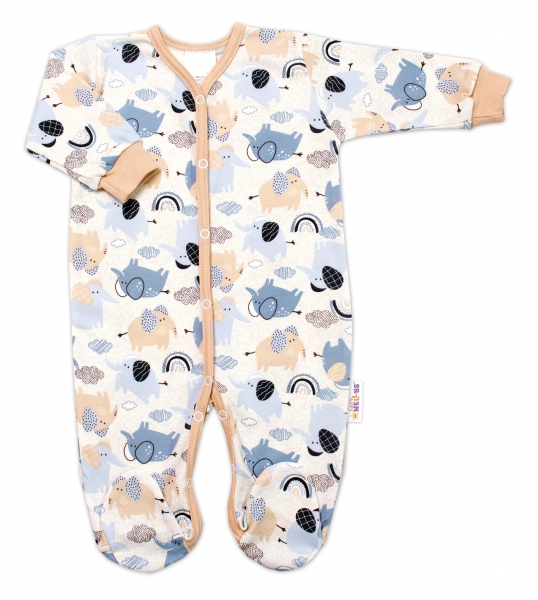 Baby Nellys Kojenecký bavl. overálek, zapínání uprostřed, Sloníci, béžová/modrá, vel. 68