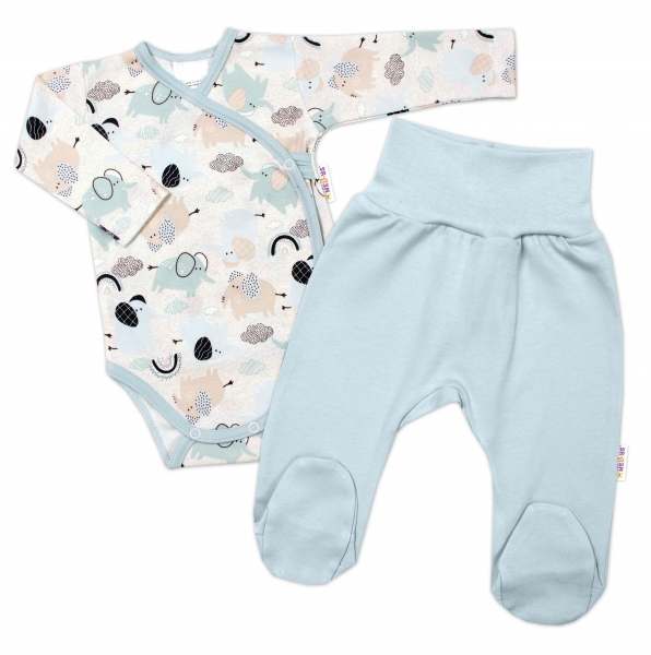 Baby Nellys 2-dílná sada, body dl.rukáv zap. bokem, polodupačky Sloníci, modrá, Velikost: 56 (1-2m)