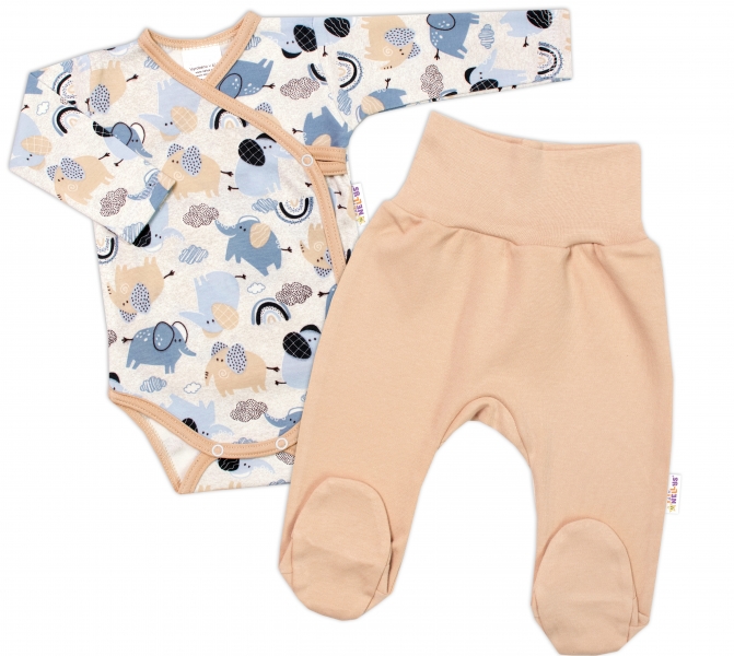 Baby Nellys 2-dílná sada, body dl.rukáv zap. bokem, polodup. Sloníci, béžová/modrá, vel.68, Velikost: 68 (3-6m)