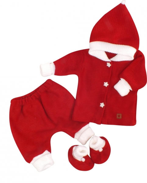 Z&Z 3-dílná pletená souprava, kabátek, kalhoty a botičky Baby Santa, červená, vel. 80