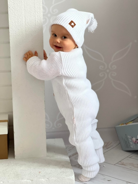 Baby Nellys 2-dílná sada Pletený overálek STAR + čepice Hand Made, bílý, vel. 68/74