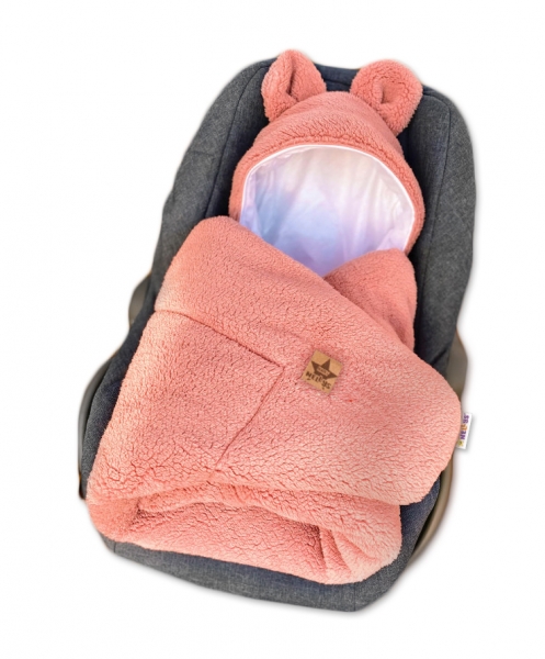 Baby Nellys Oteplená zavinovací deka Medvídek do autosedačky, 100x100 cm, růžová