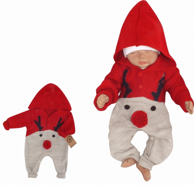 Z&Z Dětský pletený Vánoční overálek s kapucí a knoflíčky Baby Sob, červený, vel. 62, Velikost: 62 (2-3m)