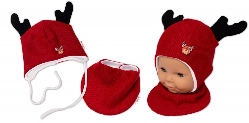 Baby Nellys Pletená dvouvrstvá čepice s šátkem Sobík, červená/bílá, Velikost: 56-62 (0-3m)