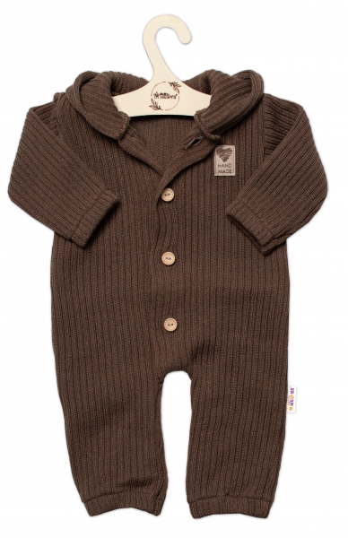 Baby Nellys Pletený overálek s kapucí a knoflíčky Hand Made, hnědý, Velikost: 56-62 (0-3m)