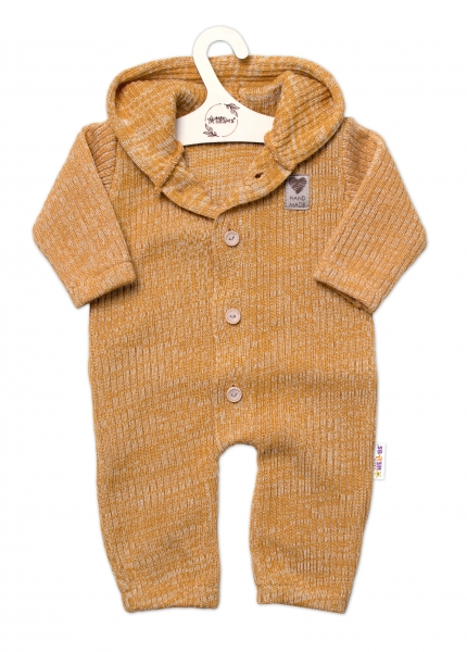 Baby Nellys Pletený overálek s kapucí a knoflíčky Hand Made, medový žihaný, vel. 68/74, Velikost: 68-74 (6-9m)