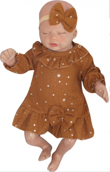 Mušelínové šatičky s hvězdičkami + čelenka Z&Z, skořicová, vel. 86, Velikost: 86 (12-18m)