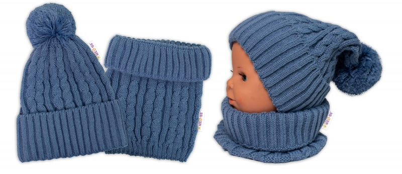 Zimní čepice s bambulí + komínek Baby Nellys - modrá, jeans, vel. 48-52cm, Velikost: 98-104 (2-4r)