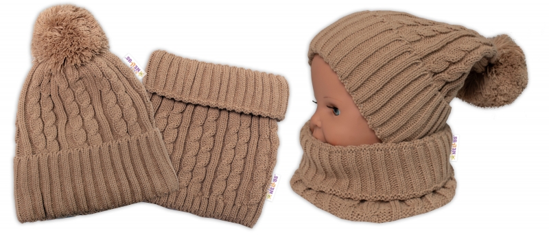 Zimní čepice s bambulí + komínek Baby Nellys - béžová, vel. 48-52cm, Velikost: 98-104 (2-4r)