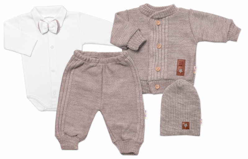 5-dílná pletená sada Baby Nellys, Boy, body, kalhoty, svetr, čepička, motýlek, béžová,62, Velikost: 62 (2-3m)
