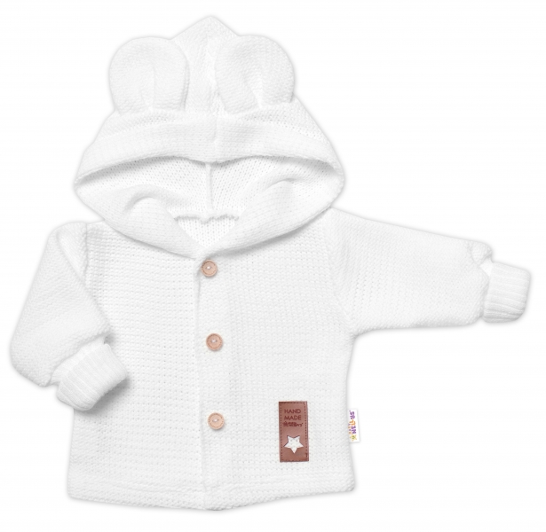 Dětský elegantní pletený svetřík s knoflíčky a kapucí s oušky Baby Nellys, bíly, vel. 86