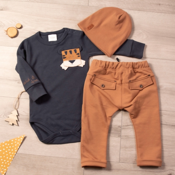 Bavlněná 2 -dílná sada, 1x body dl. rukáv, tepláčky K-Baby - Tygřík, hnědá/granát, vel. 68