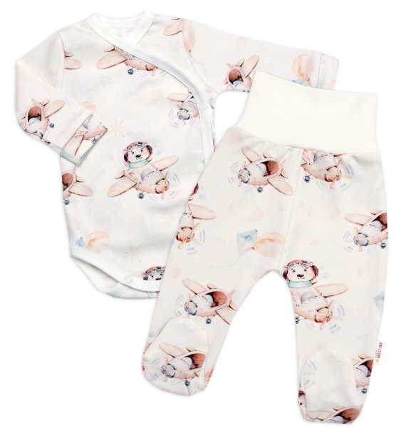 Zavinovací kojenecké body + polodupačky 2D sada, Baby Nellys, Piloti, krémová, vel. 68