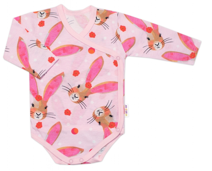 Zavinovací kojenecké body dl. rukáv, bavlna, Zajíček Baby Nellys, růžové