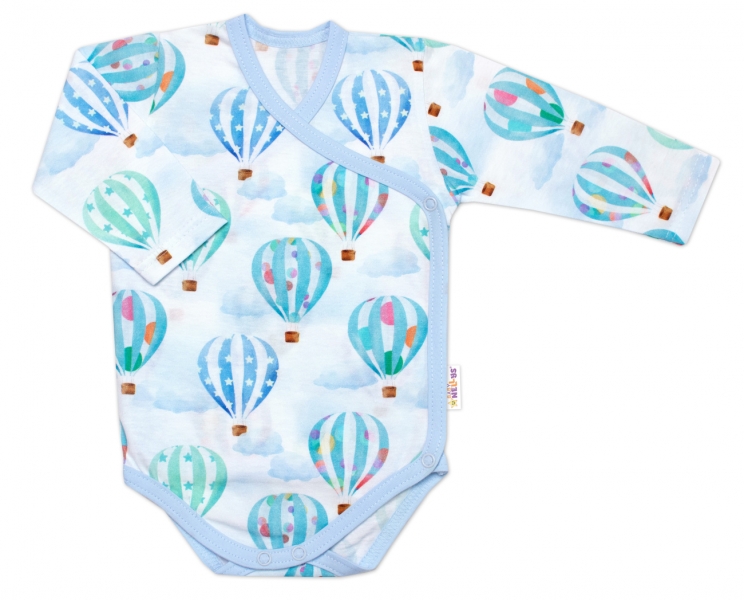 Zavinovací kojenecké body dl. rukáv, bavlna, Létající balón Baby Nellys, modré, vel. 68