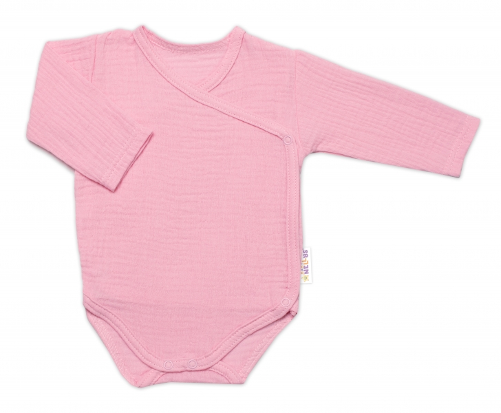 Zavinovací kojenecké body dl. rukáv, mušelín, Baby Nellys, růžové, vel. 62