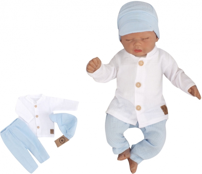 Mušelínová košile, kalhoty + čepice, 3D sada, Boy Z&Z, bílá/modrá, vel. 80