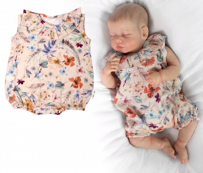 Body s nohavičkami, mušelín, Květy, Baby Nellys - pudrové, vel. 80