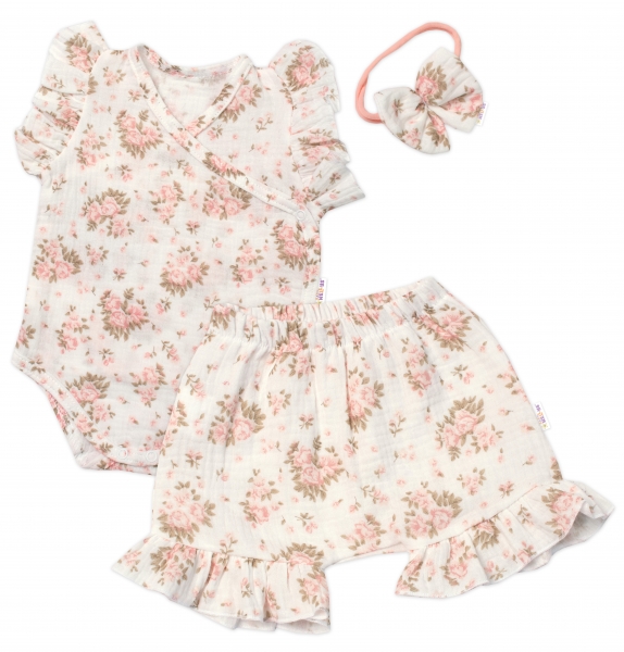 Zavinovací body, kraťasky + čelenka, mušelín, Pivoňky, Baby Nellys, smetanové, vel. 62