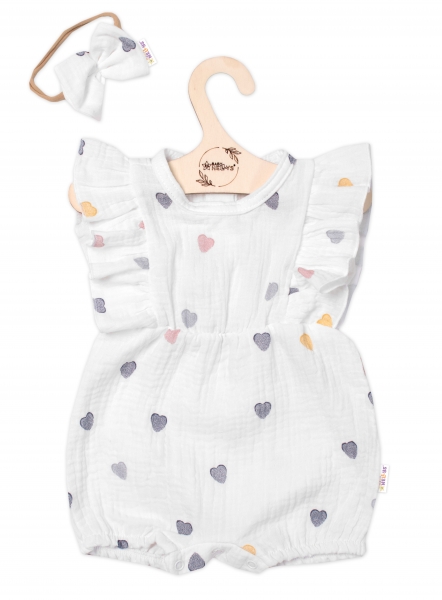 Body s nohavičkami a volánky + čelenka, mušelín, Srdíčko, Baby Nellys, smetanové