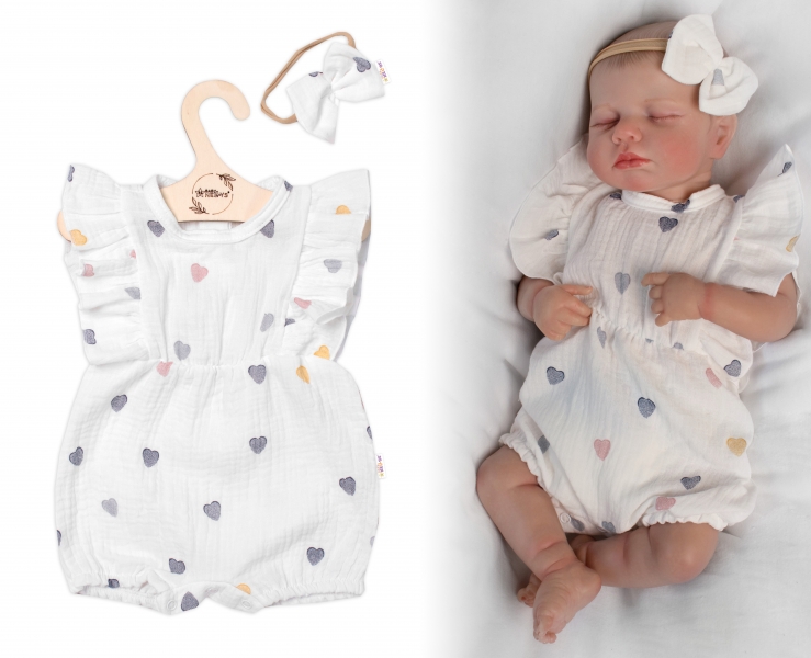 Body s nohavičkami a volánky + čelenka, mušelín, Srdíčko, Baby Nellys, smetanové, vel. 80