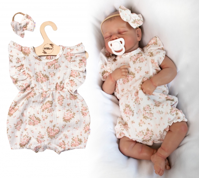 Body s nohavičkami a volánky + čelenka, mušelín, Pivoňky, Baby Nellys, smetanové, vel. 74