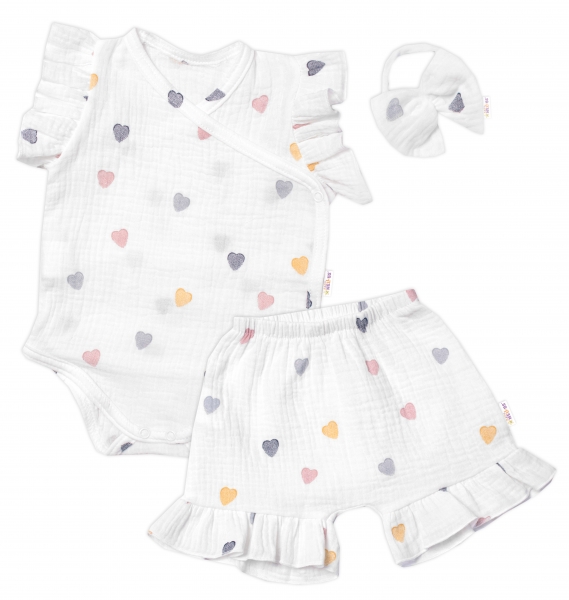 Zavinovací body, kraťasky + čelenka, mušelín, Srdíčko, Baby Nellys, smetanové, vel. 68