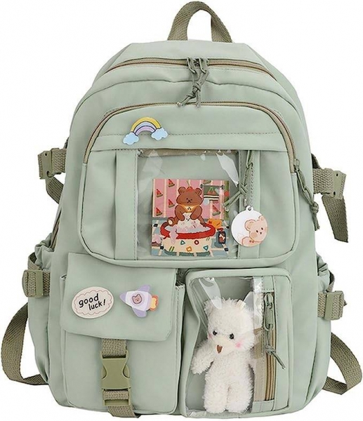 Školní batoh Medvěd pro mládež s dekorací medvídka - khaki, zelená, mint