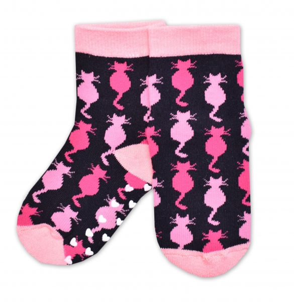 Dětské froté ponožky s ABS Kočičky - černo/růžové