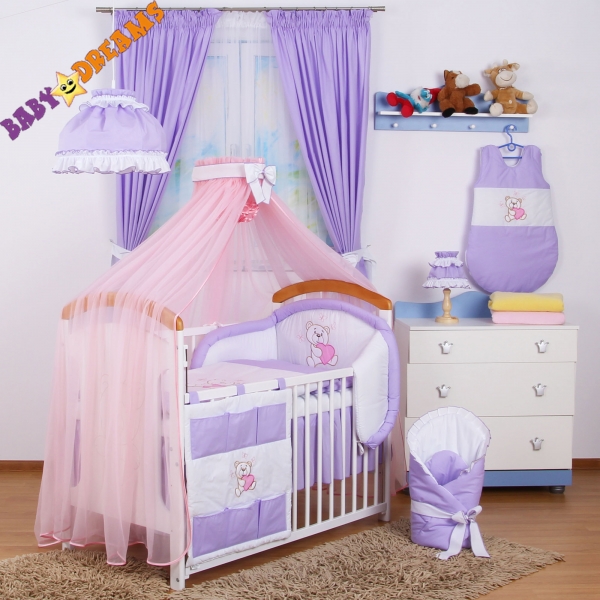 Mega sada s růžovou moskytiérou MÍŠA NELLYS SRDÍČKO - fialový - vzor: Fialový, rozměr: 135x100 cm, růžová moskytiéra,