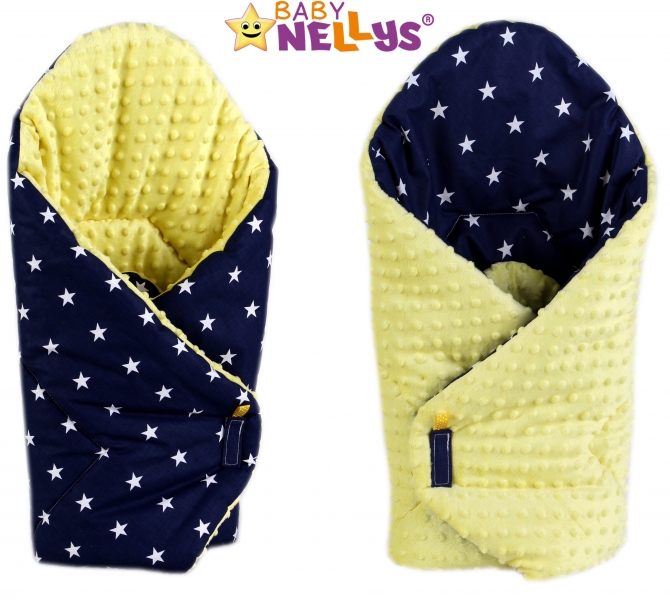 Luxusní zavinovačka MINKY BABY - oboustranná Hvězdičky v tm. modré - MINKY Baby, Oboustranná, Hvězdičky v tm. modré/žlutá Minky