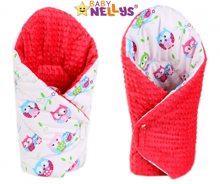 Luxusní zavinovačka MINKY BABY - oboustranná Sovičky růžové/modré - červená minky - MINKY Baby, Oboustranná, Sovičky růžové a modré/ červená Minky