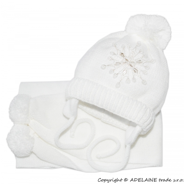 BABY NELLYS Zimní čepička s šálou - Sněhová vločka v bílé, 0/6m, Velikost: 0/6 měsíců