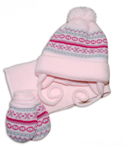 BABY NELLYS  Sada - čepička, šál a rukavičky - vzorovaná růžová