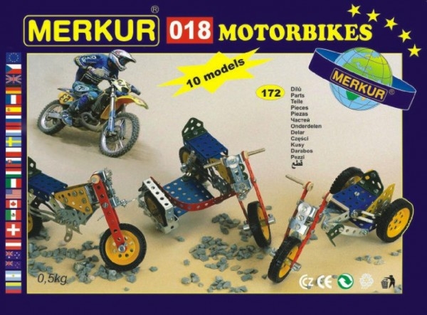 Fotografie Stavebnice MERKUR 018 Motocykly 10 modelů 182ks v krabici 26x18x5cm