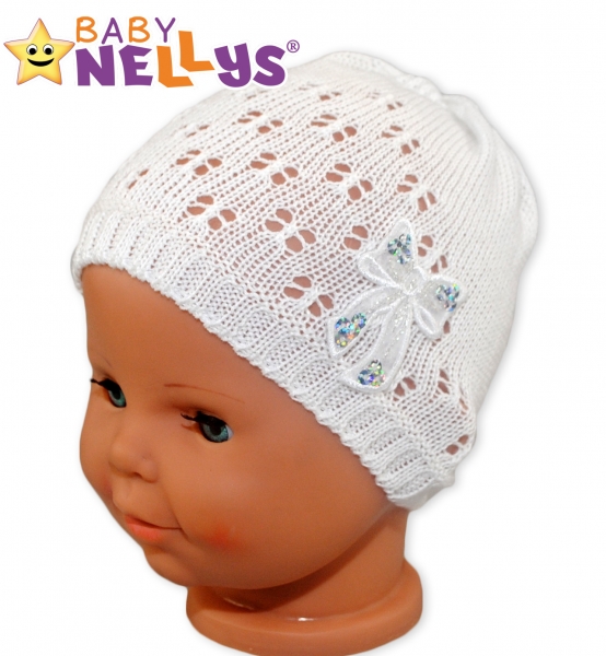 Háčkovaná čepička Mašle Baby Nellys ® - s flitry - bílá