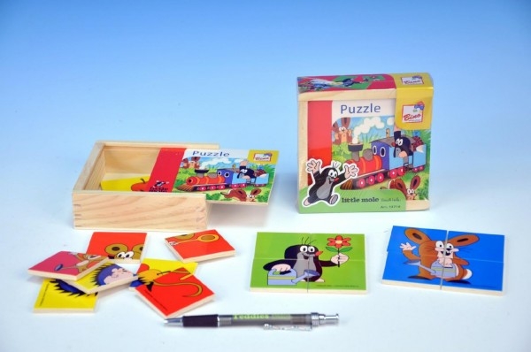 Skládačka Puzzle pro nejmenší Krtek dřevo 16ks v dřevěné krabičce 12x12cm 10m+