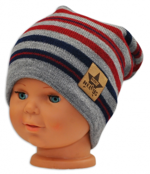 BABY NELLYS Jarní/podzimní proužkovaná čepice -šedá/červená/granát