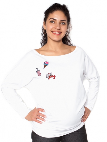 Be MaaMaa Těhotenská mikina, triko s nášivkami - bílé - M, Velikost: M (38)