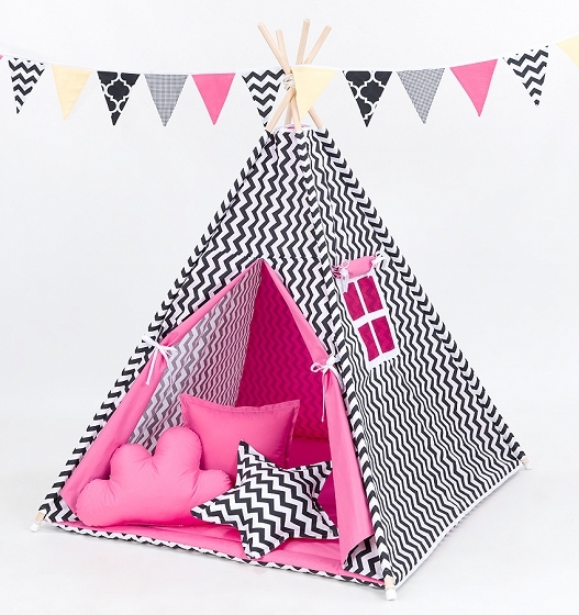 Stan pro děti teepee, týpí bez výbavy - cikcak černý / tmavě růžový