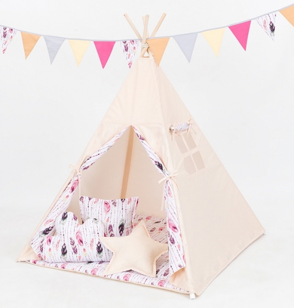 Stan pro děti teepee, týpí s Výbavou - béžový/růžová pírka