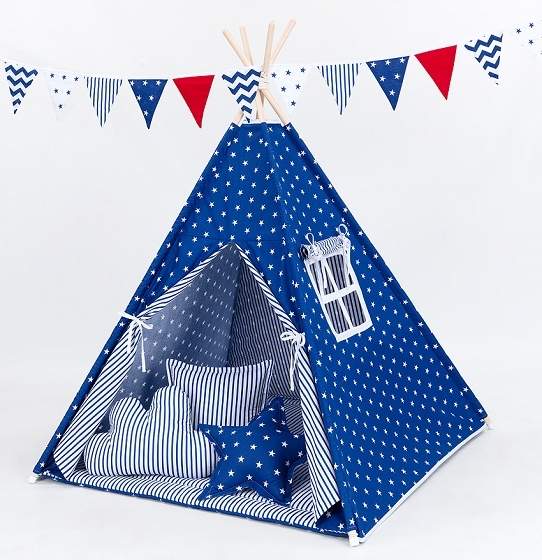 Stan pro děti teepee, týpí s výbavou - hvězdičky bílé na modrém/modré proužky