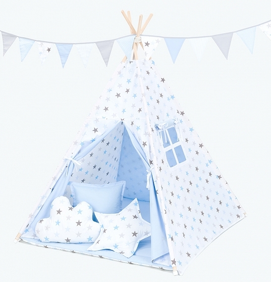 Stan pro děti teepee, týpí s výbavou - hvězdy šedé a modré/světle modrý